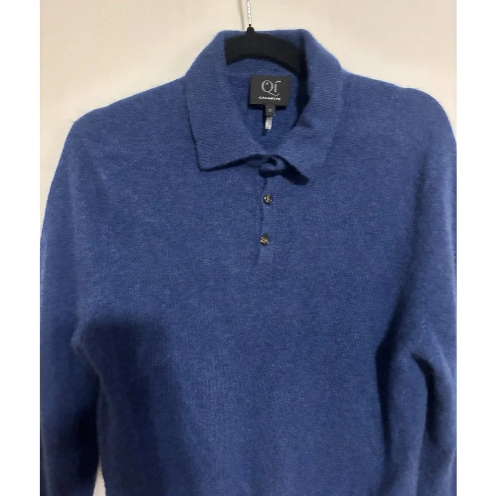Qi Cashmere Sweater Medium Mens Blue Cardigan Polo Collar